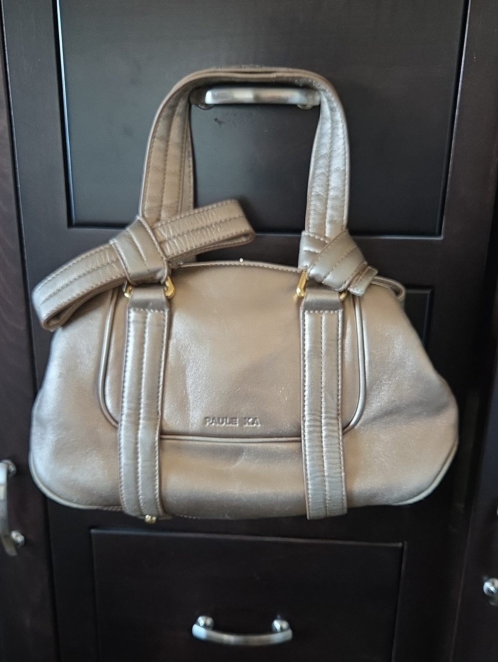 PAULE KA Paris Metallic Champagne Gold Leather Bow Satchel Bag
